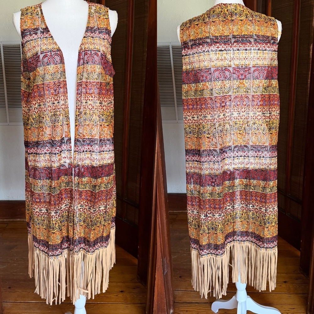 Boho Festival Sleeveless Burgundy Tan Duster Vest Faux Suede Fringe Hippie Sz L